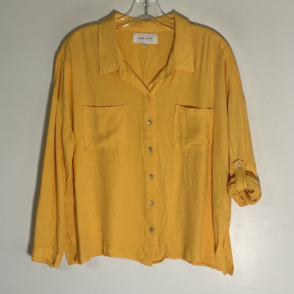 Dear John Top Womens Small Yellow Roll Tab Sleeve Shirt Boho Chic‎ Whimsy Dainty